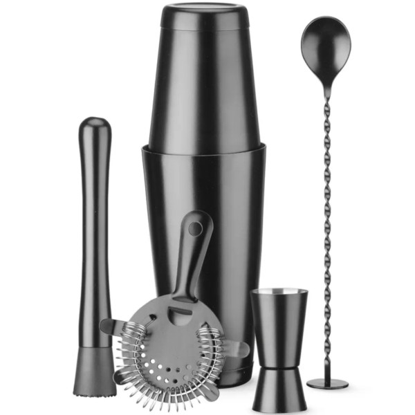 Zestaw barmański Shaker Pro w tubie z jiggerem, sitkiem, muddlerem i łyżką – czarny