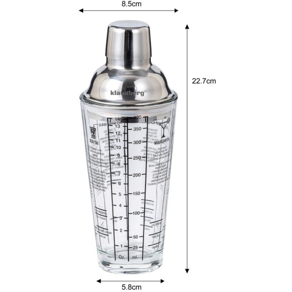 Shaker do drinków Klausberg KB-7647 szklany 400 ml z przepisami barmańskimi