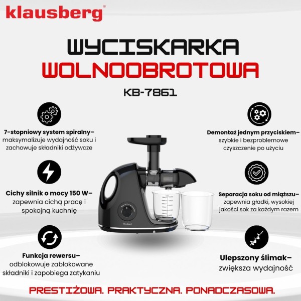 Sokowirówka Klausberg KB-7861 wolnoobrotowa do owoców i warzyw 150W cold press