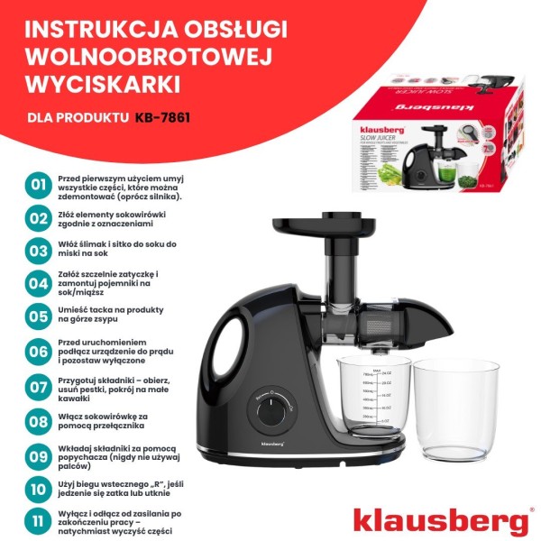 Sokowirówka Klausberg KB-7861 wolnoobrotowa do owoców i warzyw 150W cold press