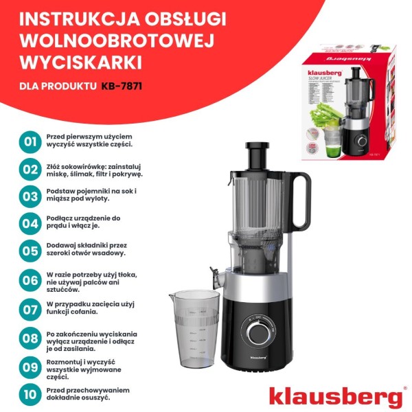 Sokowirówka wolnoobrotowa Klausberg KB-7871 do owoców i warzyw 180W Cold Press