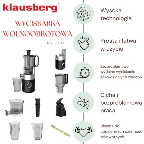 Sokowirówka wolnoobrotowa Klausberg KB-7871 do owoców i warzyw 180W Cold Press