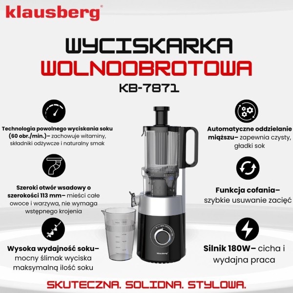 Sokowirówka wolnoobrotowa Klausberg KB-7871 do owoców i warzyw 180W Cold Press