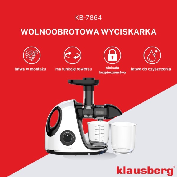 Sokowirówka wolnoobrotowa Klausberg KB-7864 do owoców i warzyw 150W Cold Press