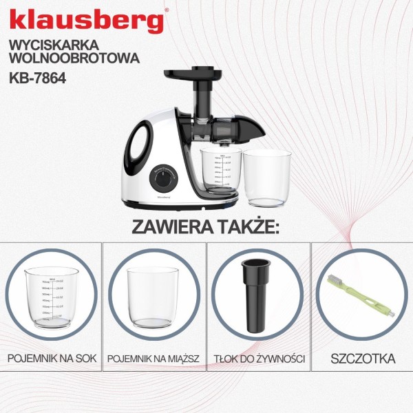 Sokowirówka wolnoobrotowa Klausberg KB-7864 do owoców i warzyw 150W Cold Press