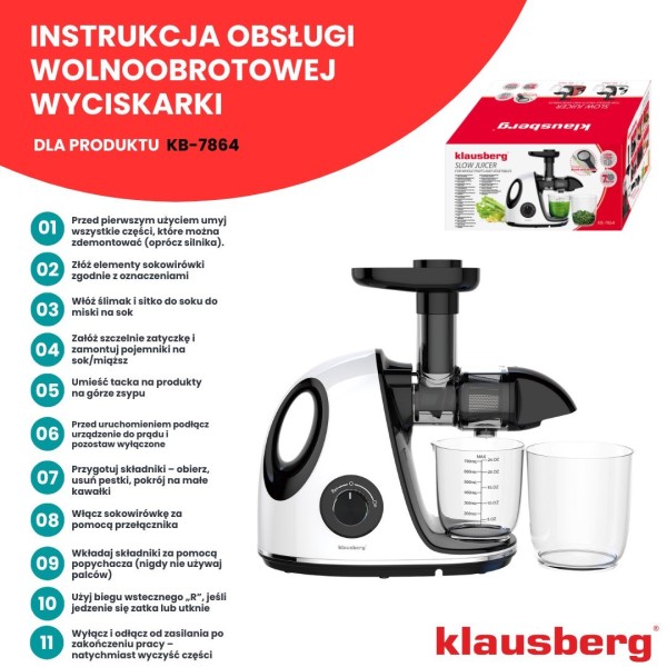Sokowirówka wolnoobrotowa Klausberg KB-7864 do owoców i warzyw 150W Cold Press