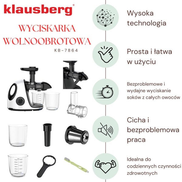 Sokowirówka wolnoobrotowa Klausberg KB-7864 do owoców i warzyw 150W Cold Press