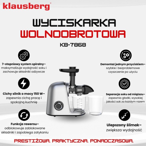 Sokowirówka wolnoobrotowa Klausberg KB-7868 do owoców i warzyw Cold Press 150W