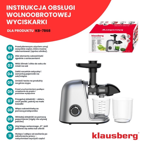 Sokowirówka wolnoobrotowa Klausberg KB-7868 do owoców i warzyw Cold Press 150W
