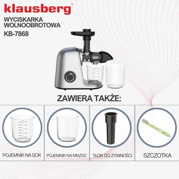 Sokowirówka wolnoobrotowa Klausberg KB-7868 do owoców i warzyw Cold Press 150W