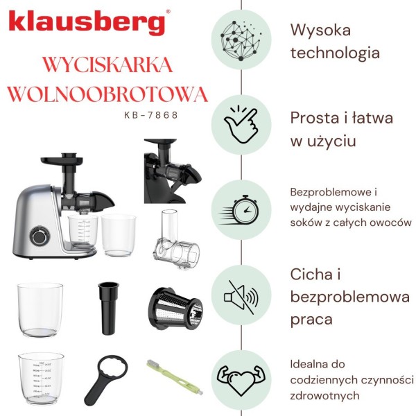 Sokowirówka wolnoobrotowa Klausberg KB-7868 do owoców i warzyw Cold Press 150W