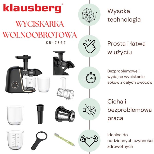 Sokowirówka wolnoobrotowa Klausberg KB-7867 do owoców i warzyw 150W cold press