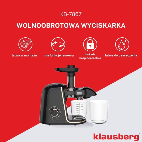 Sokowirówka wolnoobrotowa Klausberg KB-7867 do owoców i warzyw 150W cold press