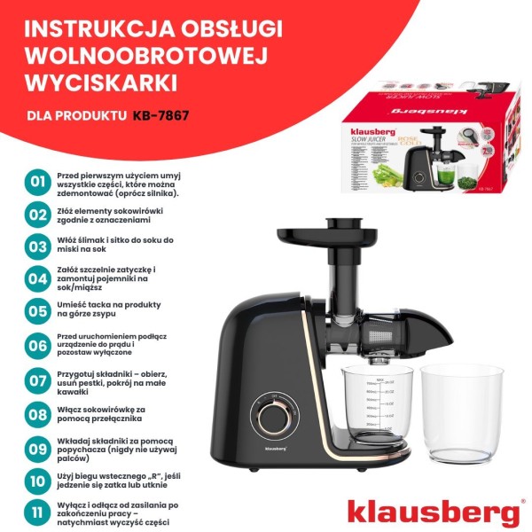 Sokowirówka wolnoobrotowa Klausberg KB-7867 do owoców i warzyw 150W cold press
