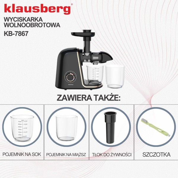 Sokowirówka wolnoobrotowa Klausberg KB-7867 do owoców i warzyw 150W cold press