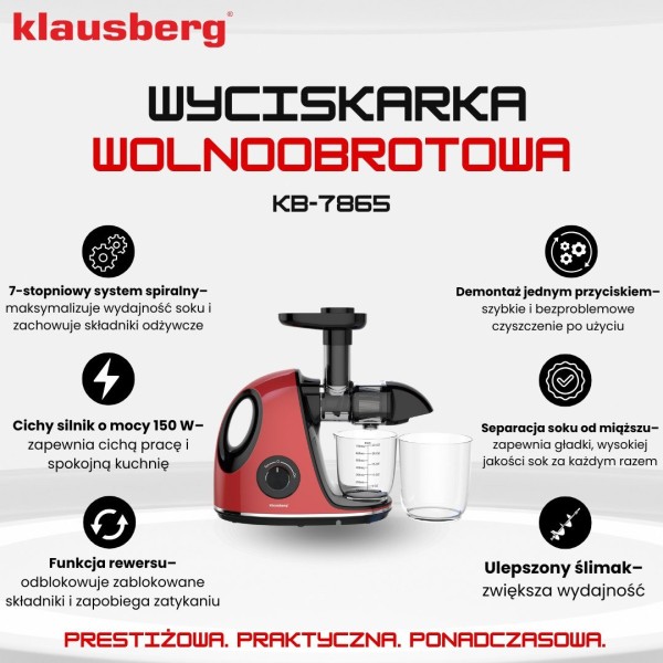 Sokowirówka Klausberg KB-7865 wolnoobrotowa 150W do owoców i warzyw cold press
