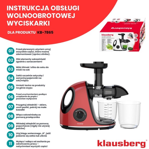 Sokowirówka Klausberg KB-7865 wolnoobrotowa 150W do owoców i warzyw cold press