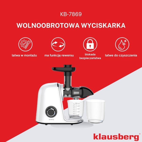 Sokowirówka wolnoobrotowa Klausberg KB-7869 do owoców i warzyw 150W Cold Press