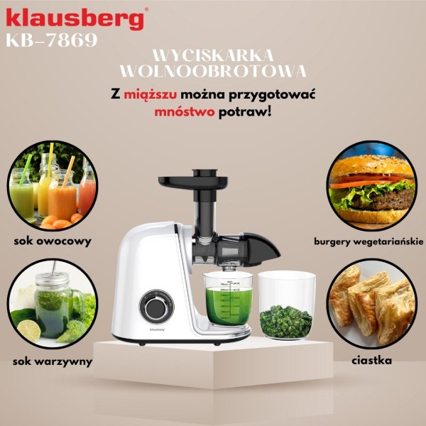Sokowirówka wolnoobrotowa Klausberg KB-7869 do owoców i warzyw 150W Cold Press