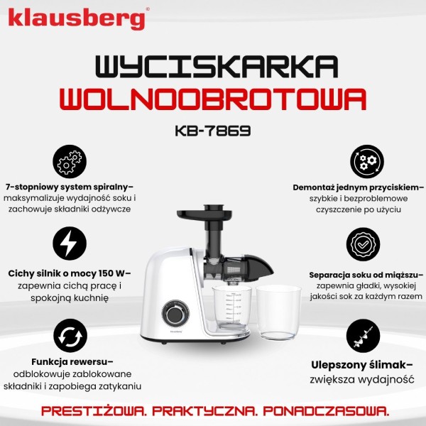 Sokowirówka wolnoobrotowa Klausberg KB-7869 do owoców i warzyw 150W Cold Press
