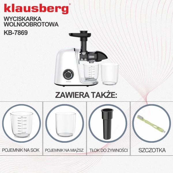 Sokowirówka wolnoobrotowa Klausberg KB-7869 do owoców i warzyw 150W Cold Press