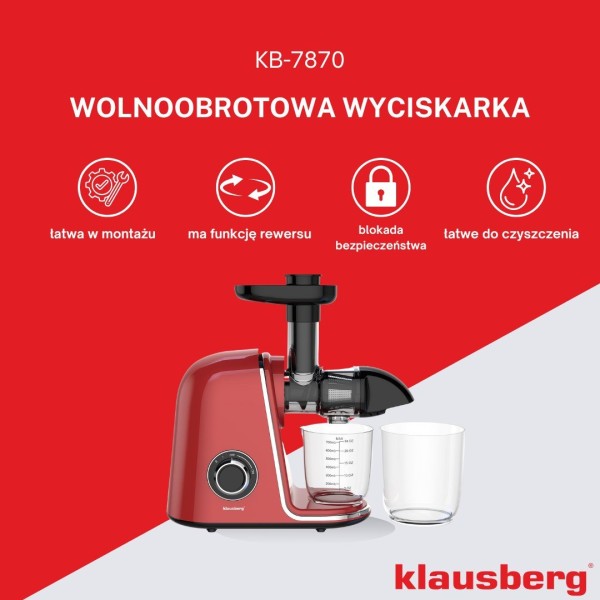 Sokowirówka wolnoobrotowa Klausberg KB-7870 do wyciskania soku z owoców i warzyw Cold Press 150W