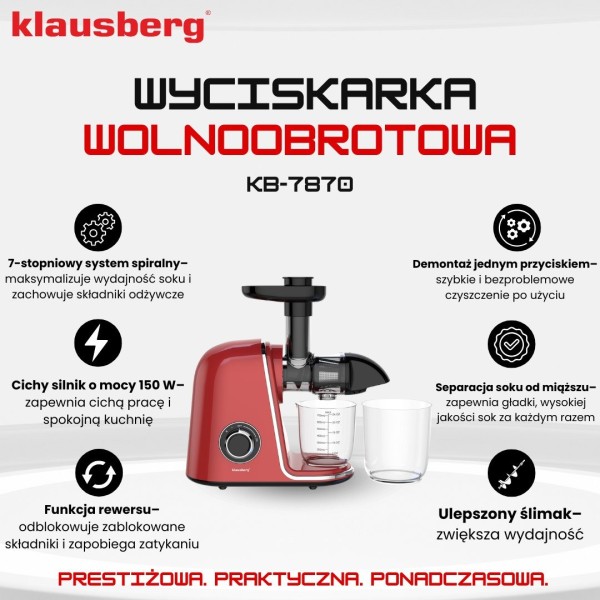 Sokowirówka wolnoobrotowa Klausberg KB-7870 do wyciskania soku z owoców i warzyw Cold Press 150W