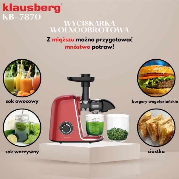 Sokowirówka wolnoobrotowa Klausberg KB-7870 do wyciskania soku z owoców i warzyw Cold Press 150W