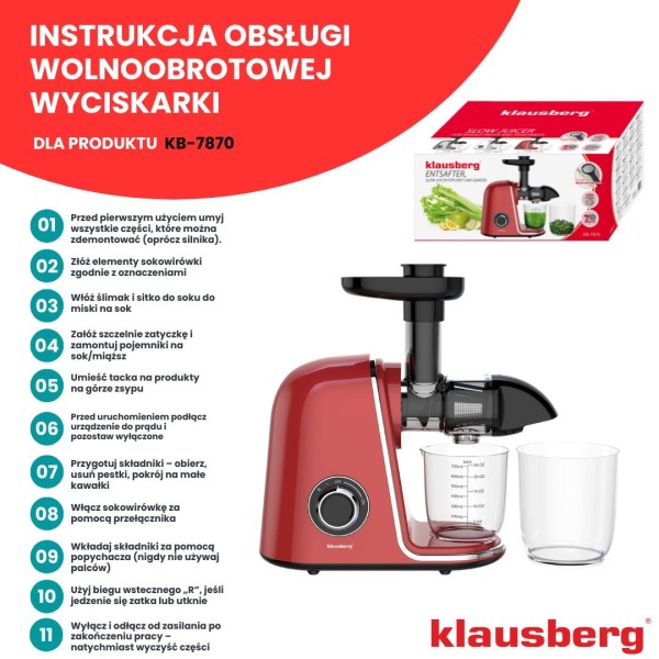 Sokowirówka wolnoobrotowa Klausberg KB-7870 do wyciskania soku z owoców i warzyw Cold Press 150W