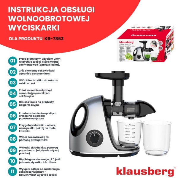 Sokowirówka wolnoobrotowa Klausberg KB-7863 do owoców i warzyw 150W cold press