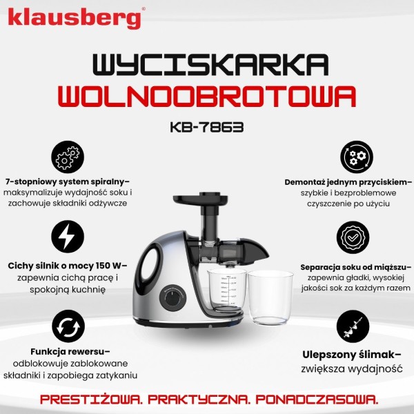 Sokowirówka wolnoobrotowa Klausberg KB-7863 do owoców i warzyw 150W cold press