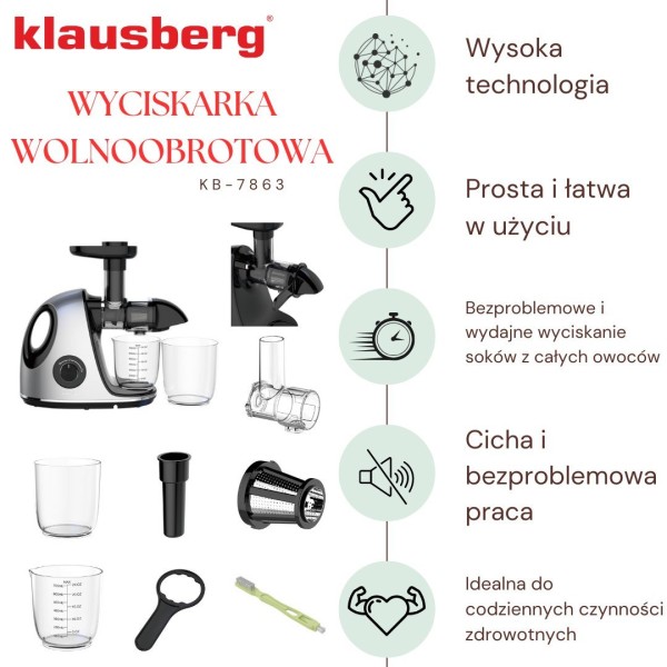 Sokowirówka wolnoobrotowa Klausberg KB-7863 do owoców i warzyw 150W cold press