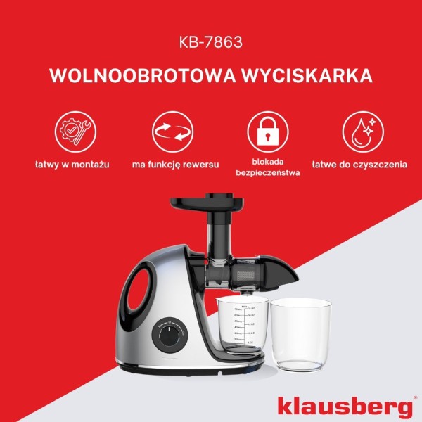 Sokowirówka wolnoobrotowa Klausberg KB-7863 do owoców i warzyw 150W cold press