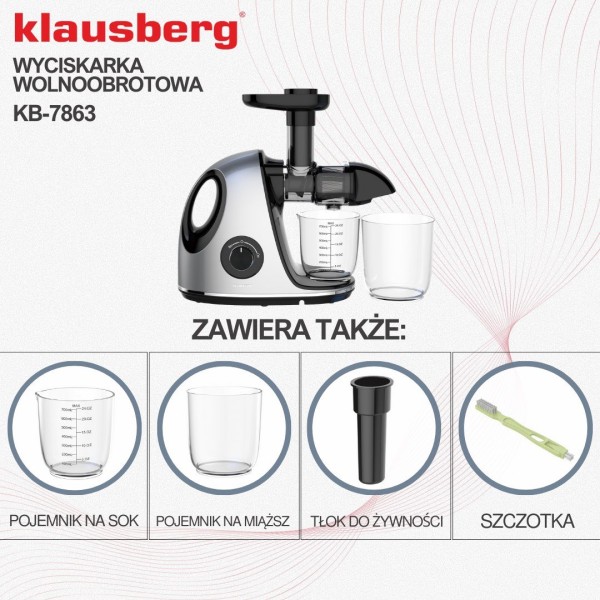 Sokowirówka wolnoobrotowa Klausberg KB-7863 do owoców i warzyw 150W cold press