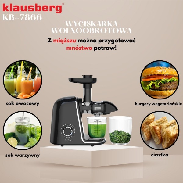 Sokowirówka wolnoobrotowa Klausberg KB-7866 do owoców i warzyw 150W Cold Press