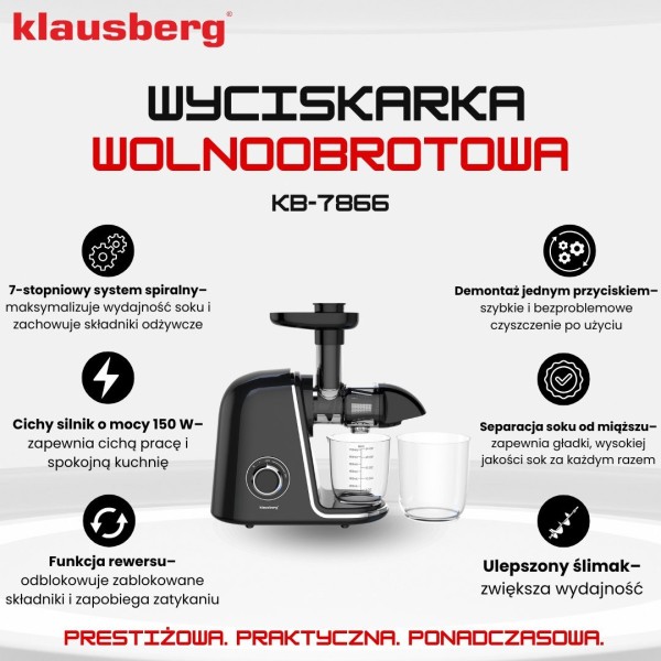 Sokowirówka wolnoobrotowa Klausberg KB-7866 do owoców i warzyw 150W Cold Press