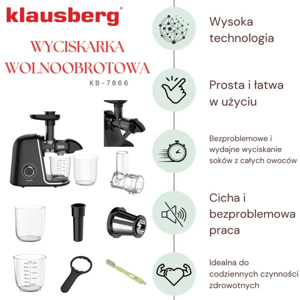 Sokowirówka wolnoobrotowa Klausberg KB-7866 do owoców i warzyw 150W Cold Press