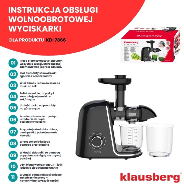 Sokowirówka wolnoobrotowa Klausberg KB-7866 do owoców i warzyw 150W Cold Press