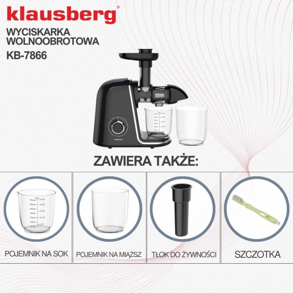 Sokowirówka wolnoobrotowa Klausberg KB-7866 do owoców i warzyw 150W Cold Press