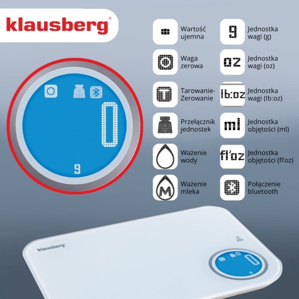 Кухонна електронна вага Klausberg KB-7938, до 5 кг, Bluetooth — для зважування інгредієнтів під час готування
