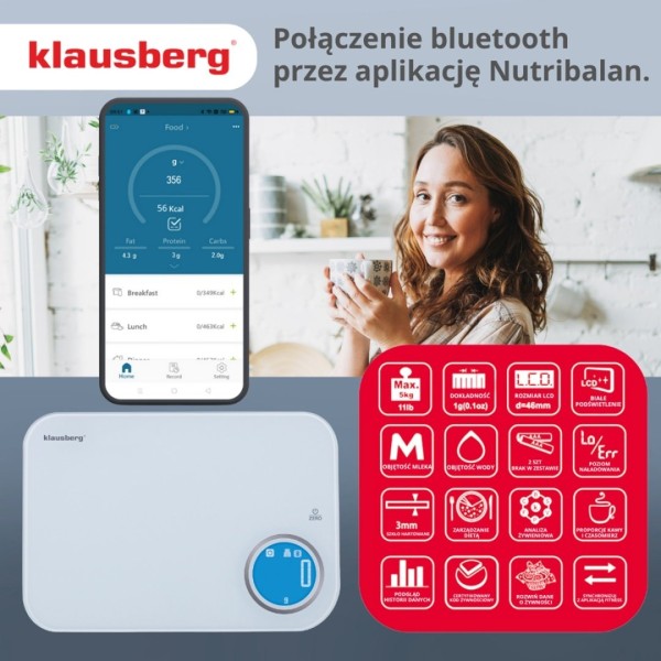 Кухонна електронна вага Klausberg KB-7938, до 5 кг, Bluetooth — для зважування інгредієнтів під час готування