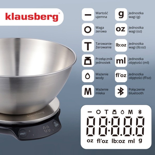 Кухонна вагa, Klausberg KB-7939, електронна 5 кг/1.8 л з Bluetooth для точного зважування продуктів