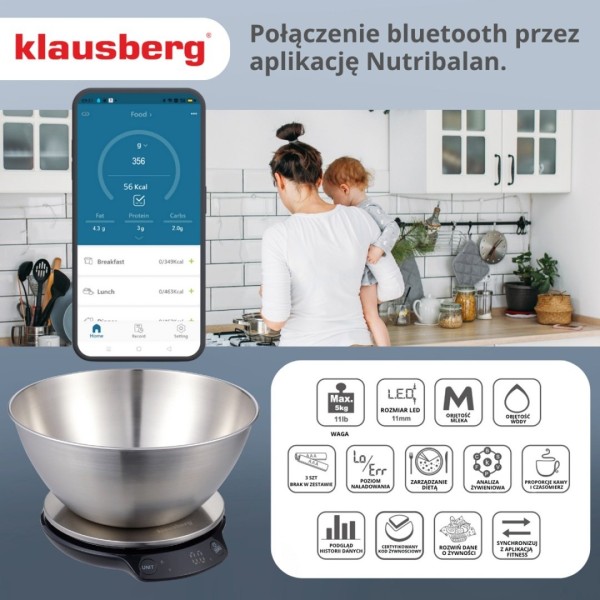 Кухонна вагa, Klausberg KB-7939, електронна 5 кг/1.8 л з Bluetooth для точного зважування продуктів