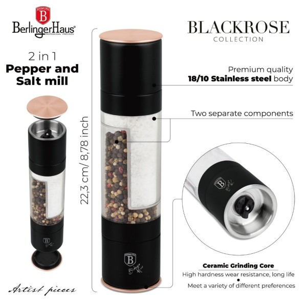 Пристрій: Młynek do pieprzu i soli 2 w 1 BerlingerHaus Black Rose Collection BH-8553  Вихідний: назва повинна бути українською, з типовою структурою: Тип товару, Бренд, Назва, Атрибути. Але не писати категорію. Також має бути не більше 80 символів. Оригін
