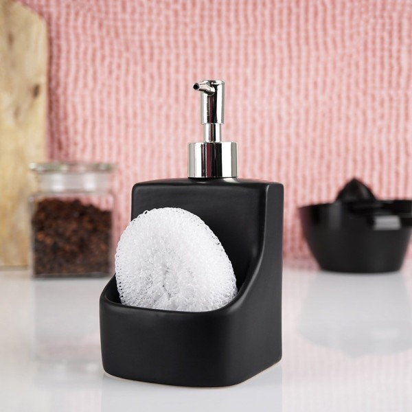 Dozownik kuchenny, SILVER VILDE 568006 – dozownik płynu 400 ml z pojemnikiem na gąbkę, czarny