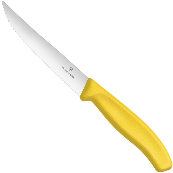 Nóż do steków ząbkowany z ostrym czubkiem żółty dł. 120/232 mm