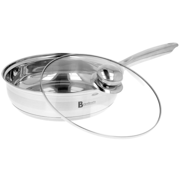 Patelnia tradycyjna BRUNBESTE BB-2220 ze stali nierdzewnej 20 cm z pokrywką, do indukcji