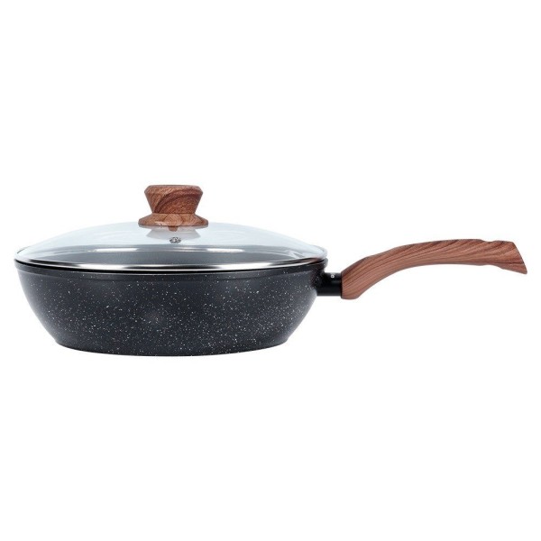 Patelnia tradycyjna VILDE 199065 Black&Wood 28 cm, granitowa non-stick, indukcja z pokrywką