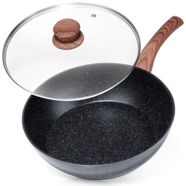 Patelnia tradycyjna VILDE 199065 Black&Wood 28 cm, granitowa non-stick, indukcja z pokrywką