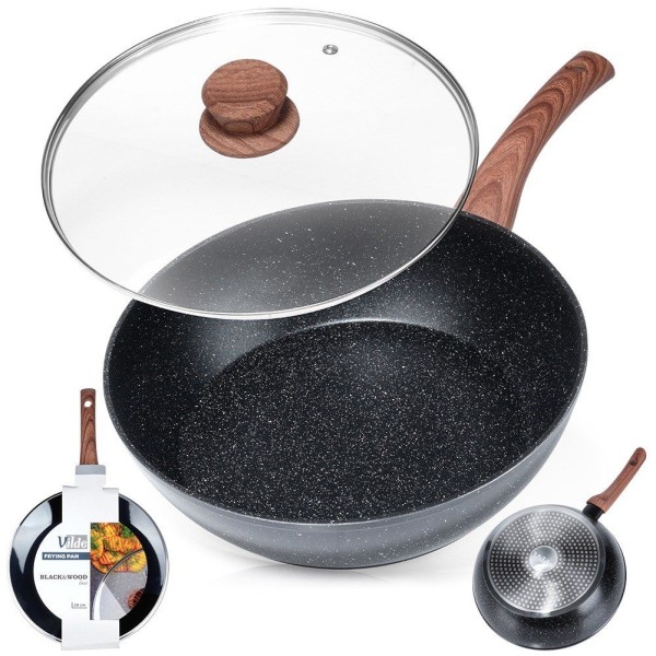 Patelnia tradycyjna VILDE 199065 Black&Wood 28 cm, granitowa non-stick, indukcja z pokrywką